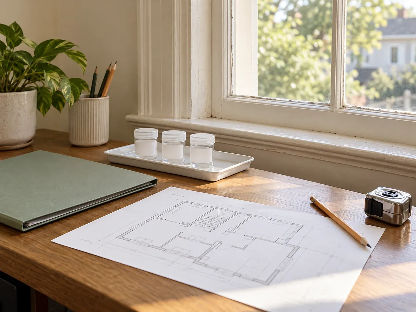 Floor plan, sample containers and a tape measure on a desk beside a painted window