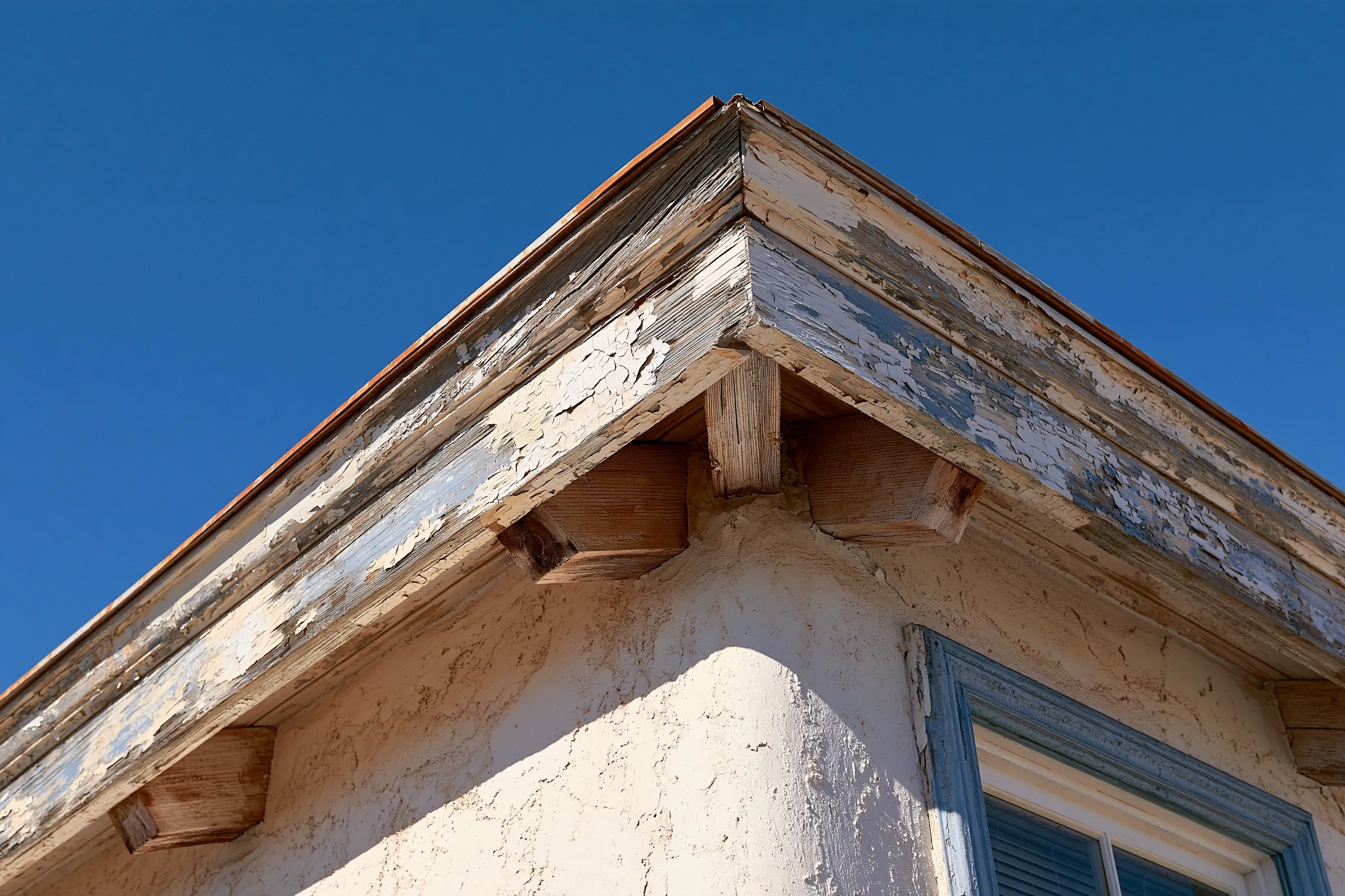 Peeling paint on the wood eaves and fascia of an older stucco house