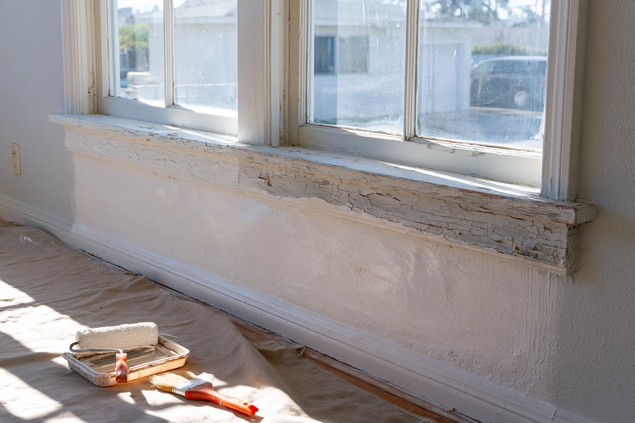 Older painted plaster wall below a cracked painted wood window sill, partly coated with encapsulant paint, tray and brush on a drop cloth